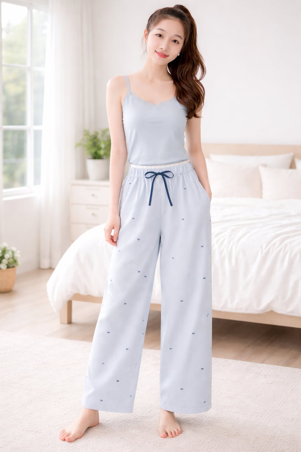 Quần ống rộng sọc nơ in hoa cá tính