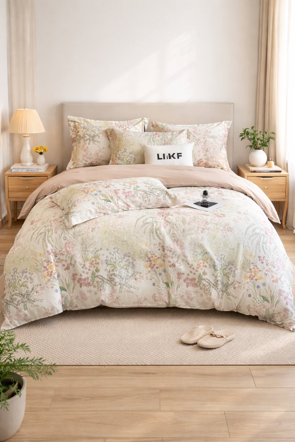 Bộ chăn ga gối đệm 4 mùa, chất liệu đũi cotton