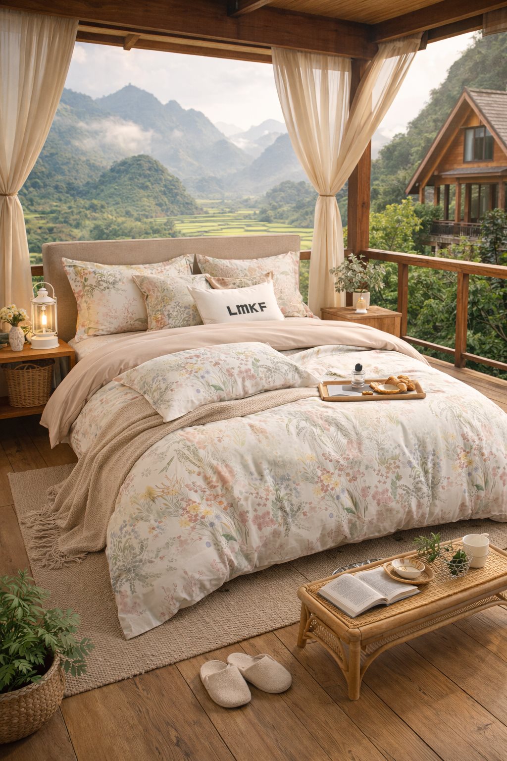 Bộ chăn ga gối đệm 4 mùa, chất liệu đũi cotton