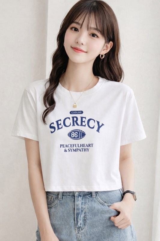 Áo Croptop Thun Cotton 100% Form Rộng Tay Ngắn Cổ Tròn Hình In Chữ SIMELING 00972