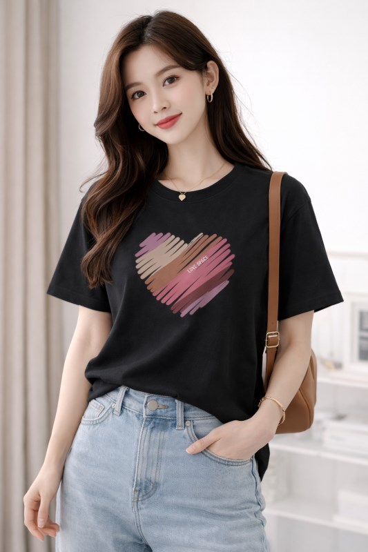 Áo thun croptop CERA-Y form ôm body tay ngắn màu trắng / màu đen họa tiết trái tim